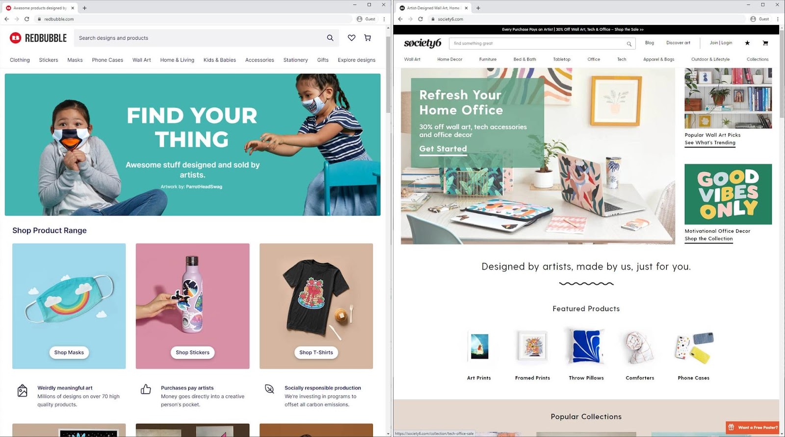 society6 and redbubble homepage side by side